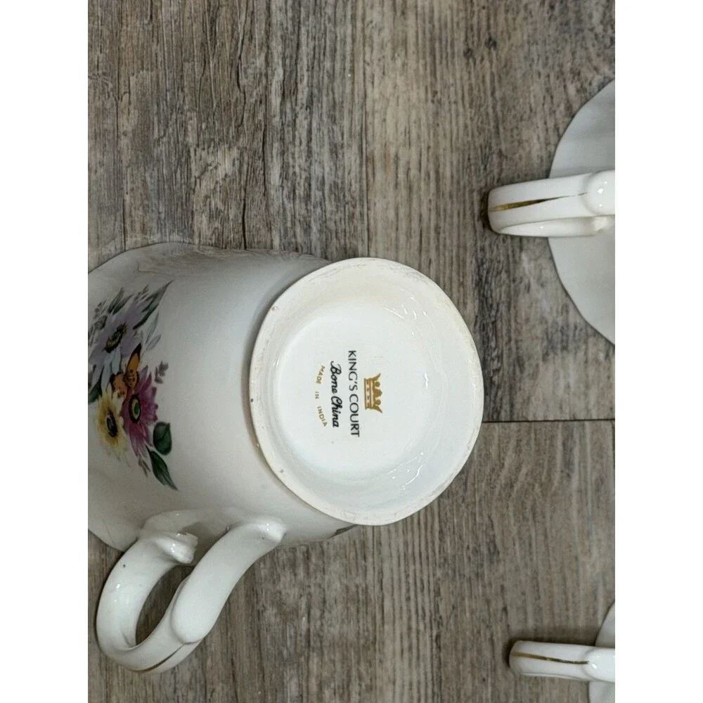 Vintage Set Of 4- Kings Court Coffee Cup Flower Mugs- India Fine Bone China